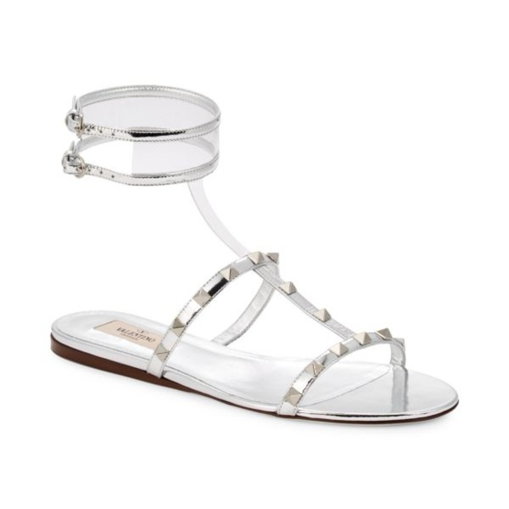 Valentino Garavani  Rockstud Metallic Leather & PVC T-Strap Sandals Sz 37/7